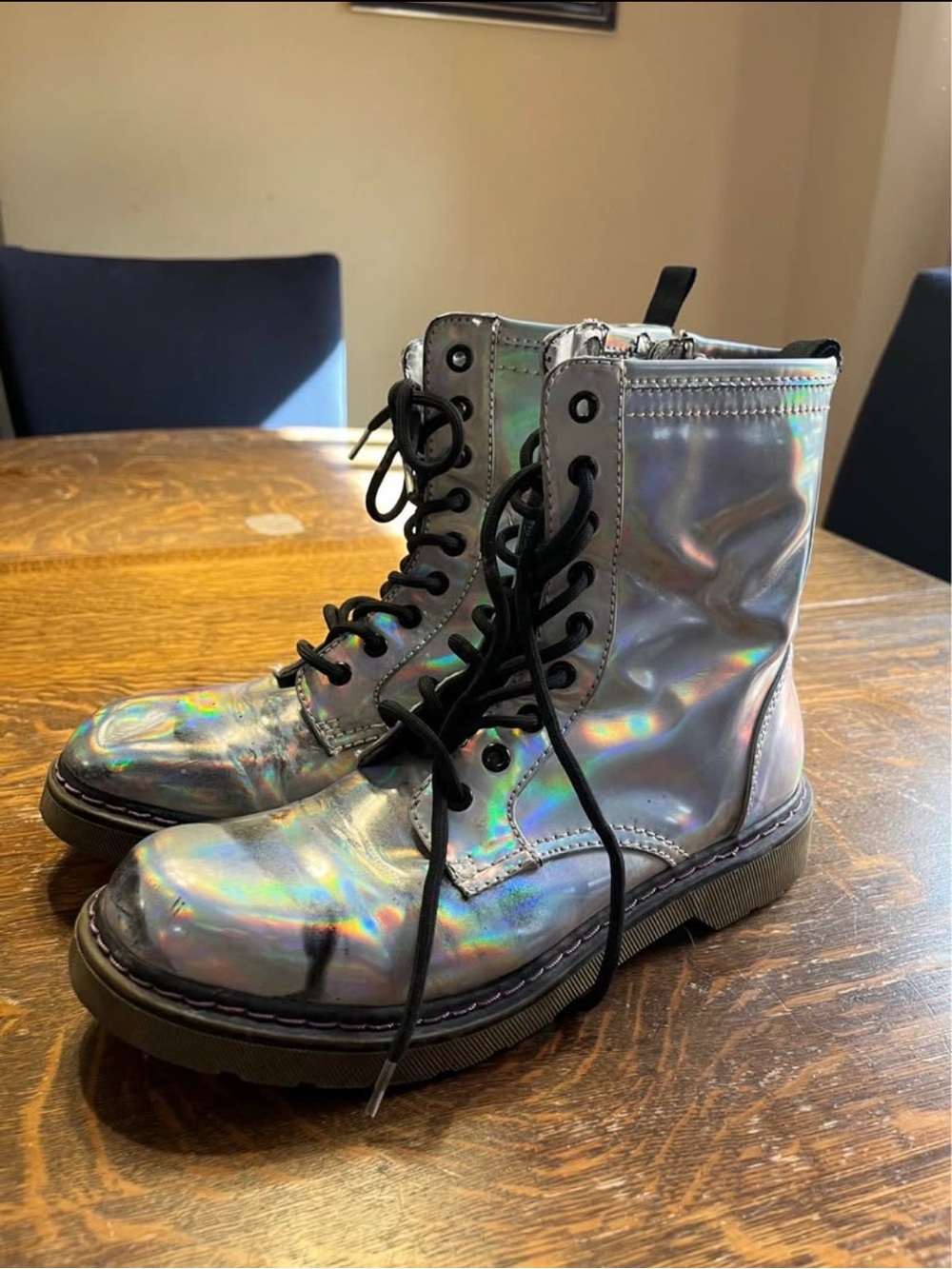 Holographic Lace-Up Combat Boots - Iridescent Silver